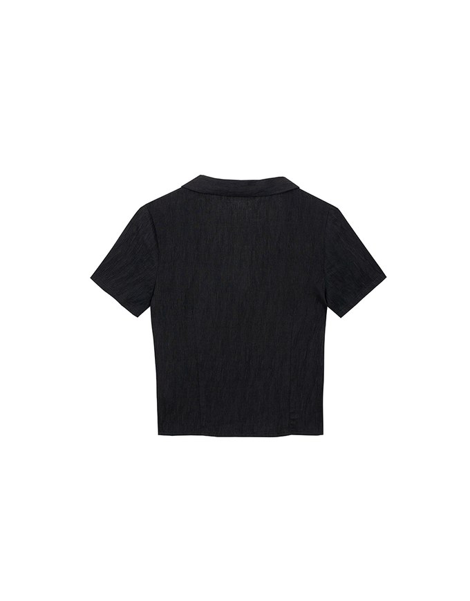 Crinkled Textured V Neck Fitted Button Shirt Top with Collar