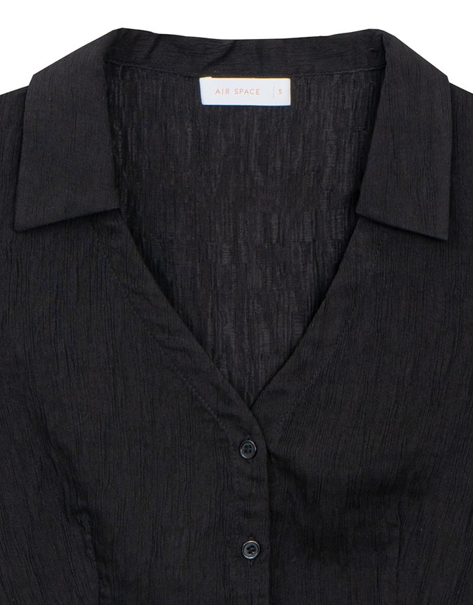 Crinkled Textured V Neck Fitted Button Shirt Top with Collar