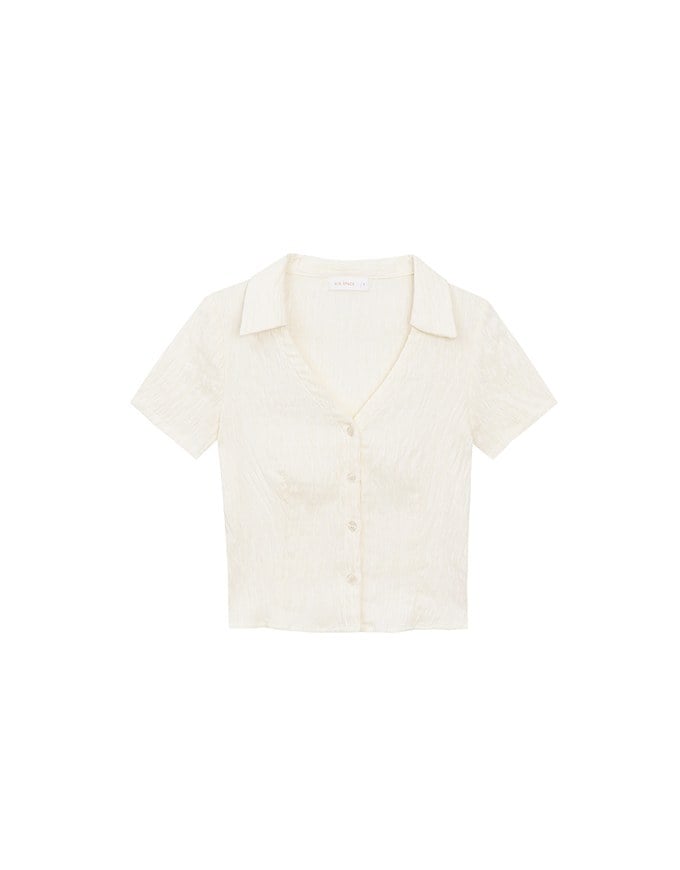 Crinkled Textured V Neck Fitted Button Shirt Top with Collar