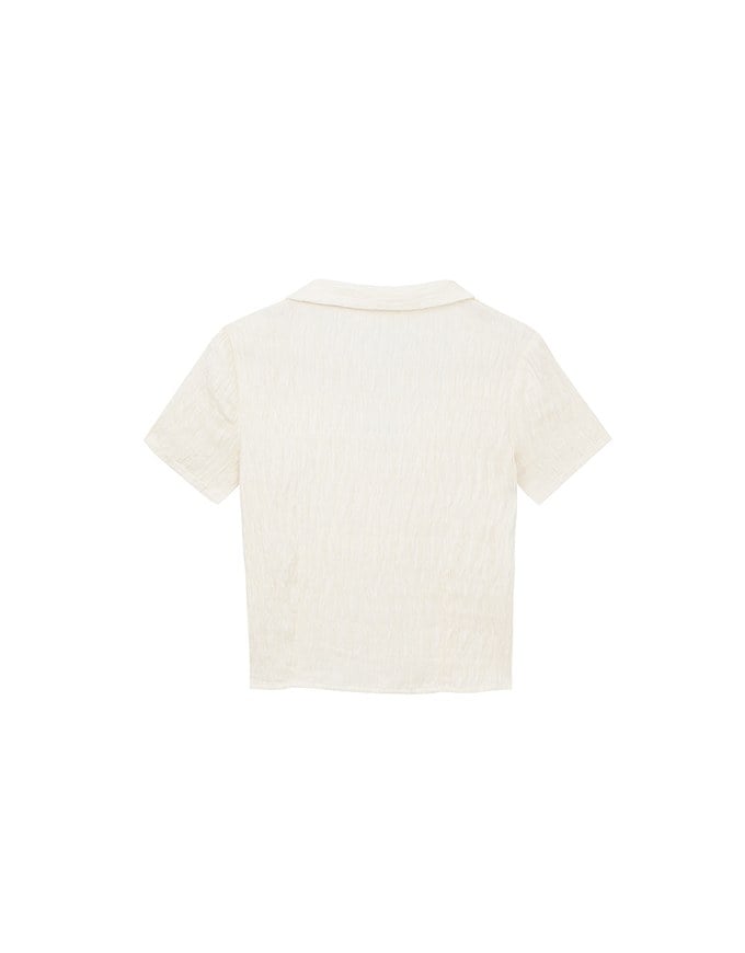 Crinkled Textured V Neck Fitted Button Shirt Top with Collar