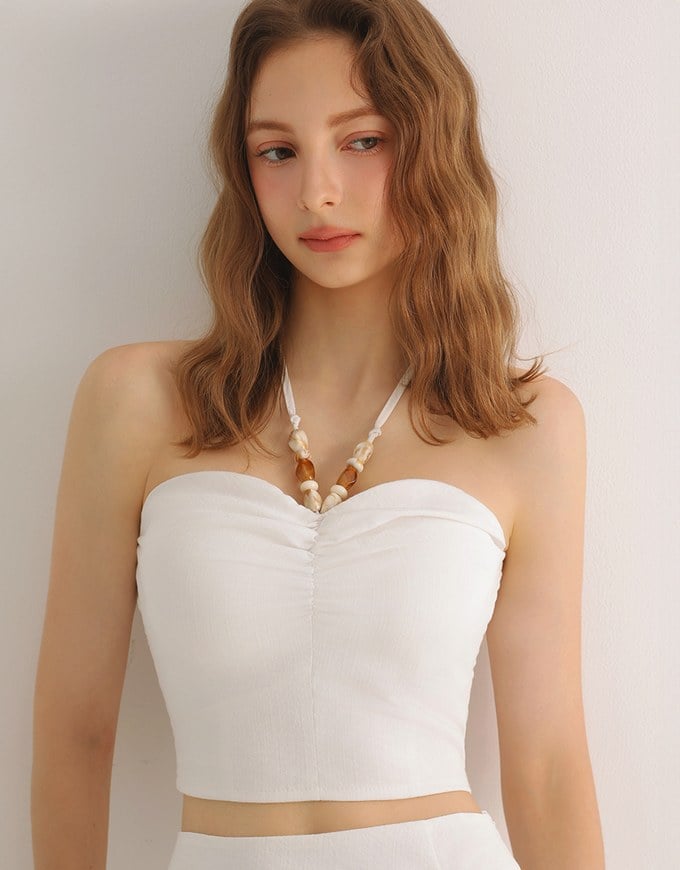 Ruched Bandeau Halter Padded Top with Beaded Strap