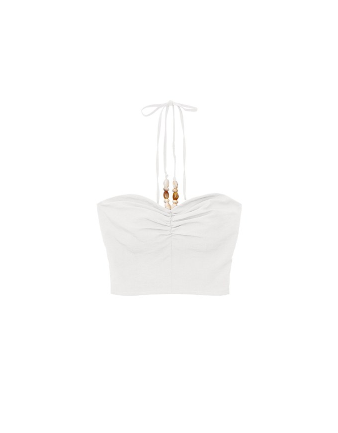 Ruched Bandeau Halter Padded Top with Beaded Strap