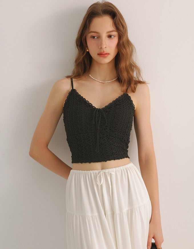 Crochet Lace Trim Tie Front Cami Padded Top