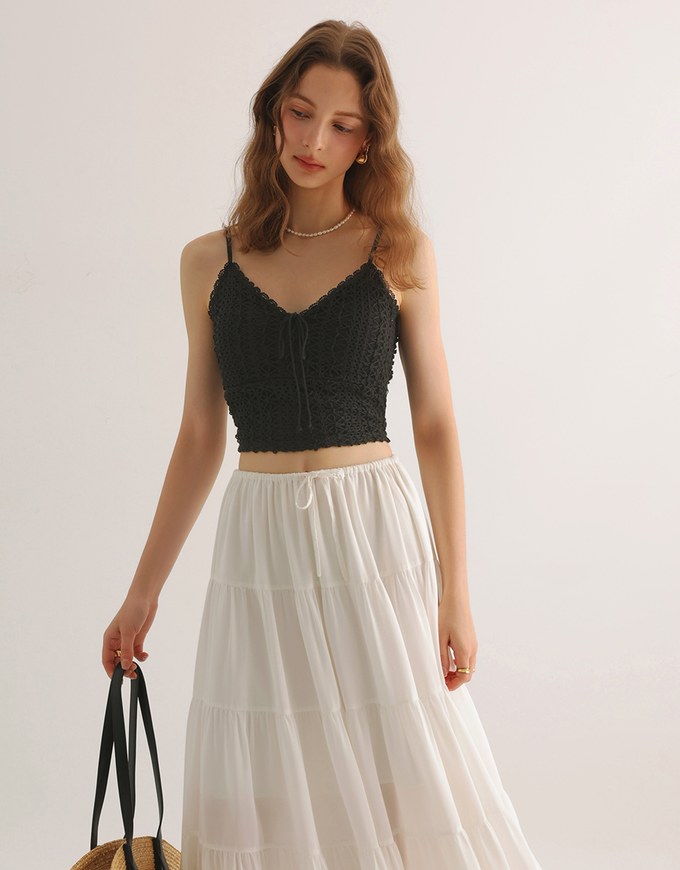 Crochet Lace Trim Tie Front Cami Padded Top