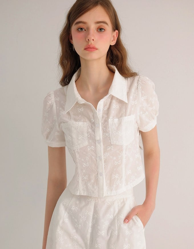 Embroidered Bow Lace Puff Sleeve Semi Sheer Blouse Top