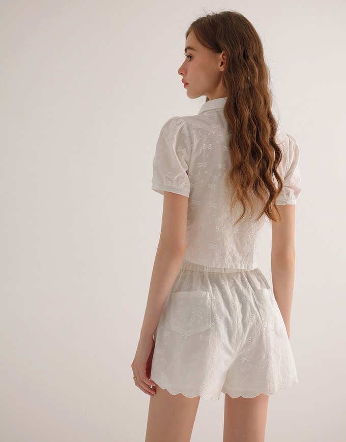 Embroidered Bow Lace Puff Sleeve Semi Sheer Blouse Top