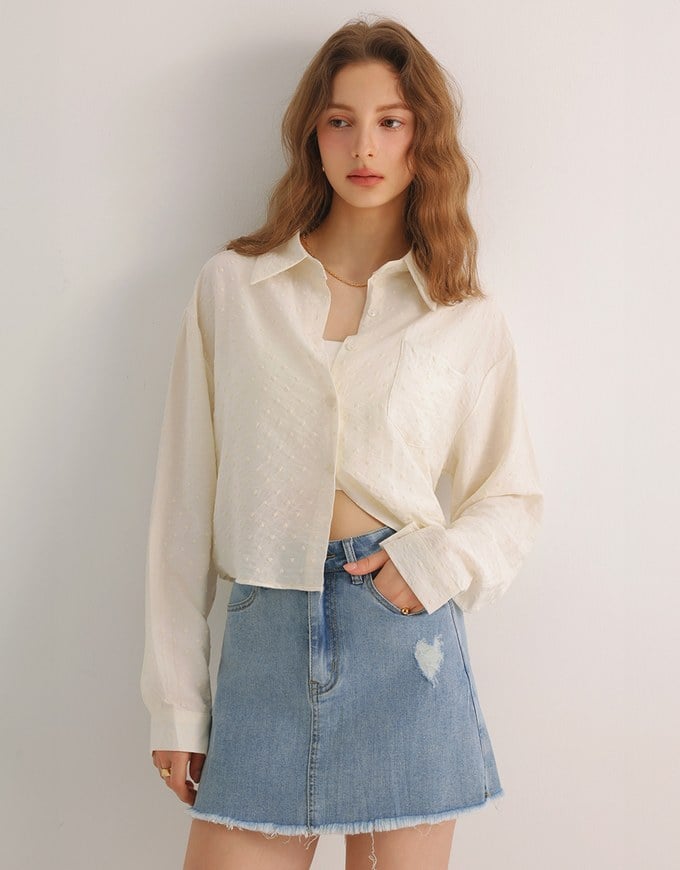 Heart Patterned Dot Button Up Blouse with Relaxed Collar Design