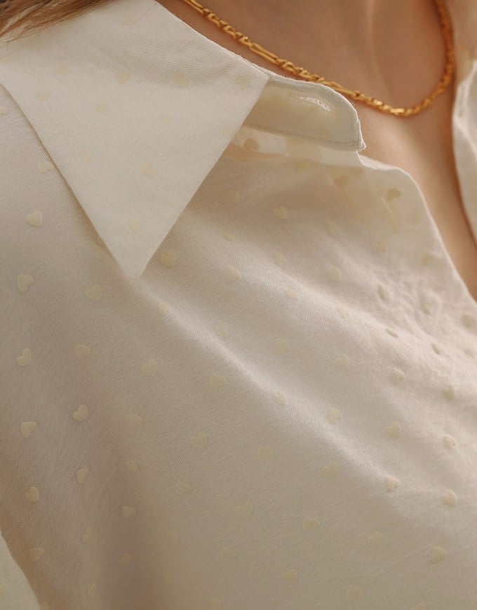 Heart Patterned Dot Button Up Blouse with Relaxed Collar Design