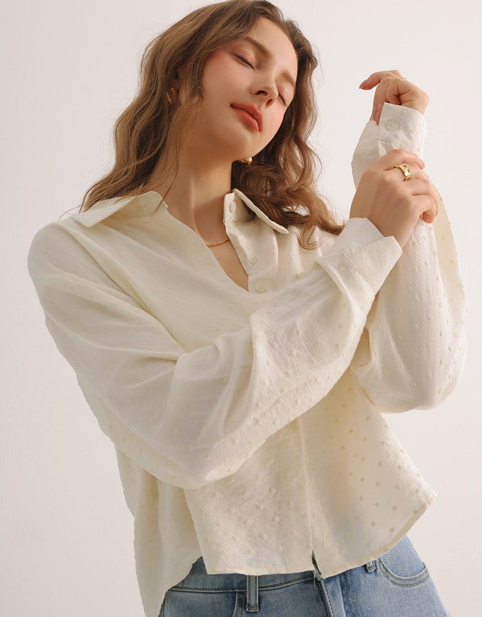 Heart Patterned Dot Button Up Blouse with Relaxed Collar Design