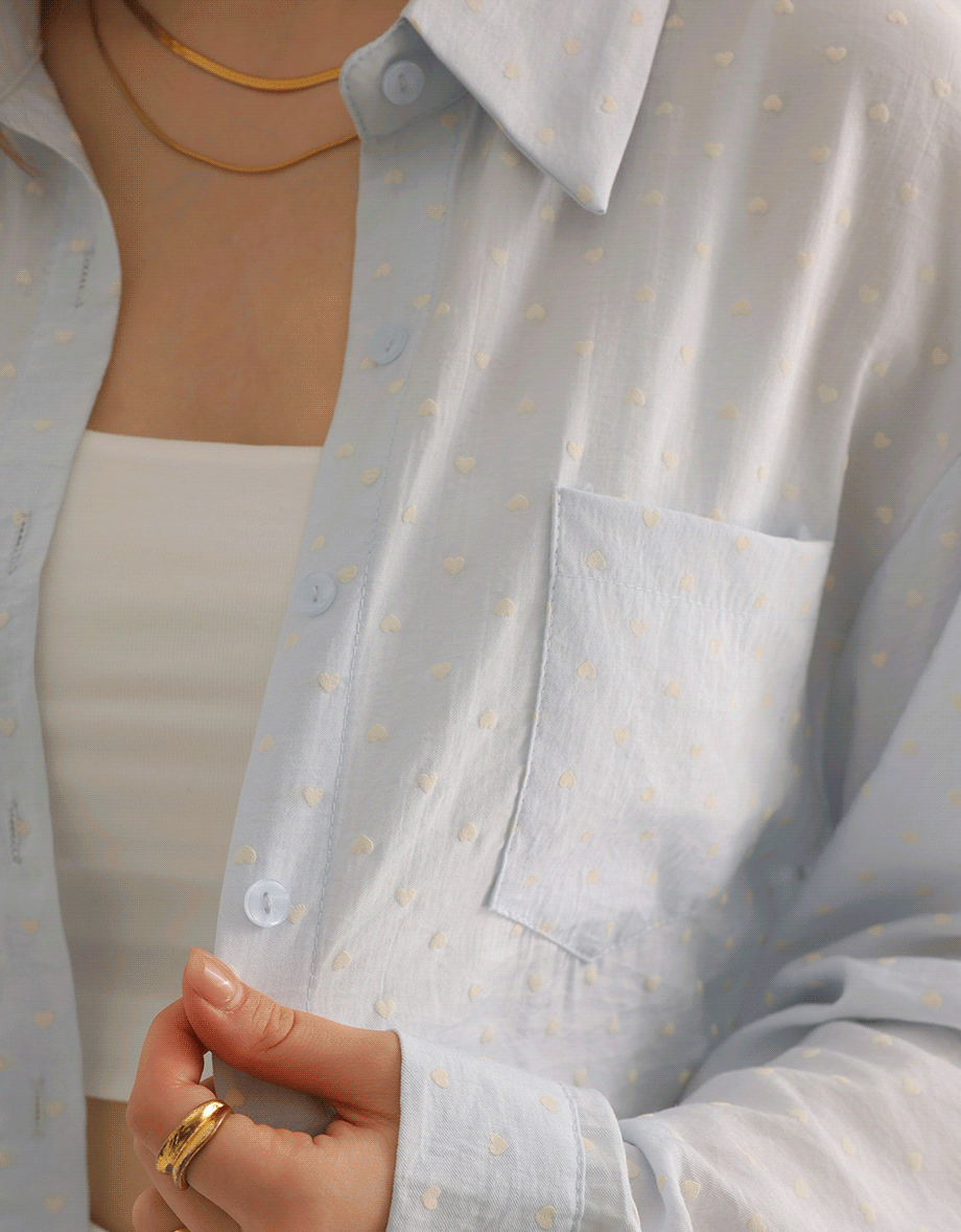 Heart Patterned Dot Button Up Blouse with Relaxed Collar Design