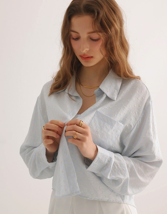 Heart Patterned Dot Button Up Blouse with Relaxed Collar Design