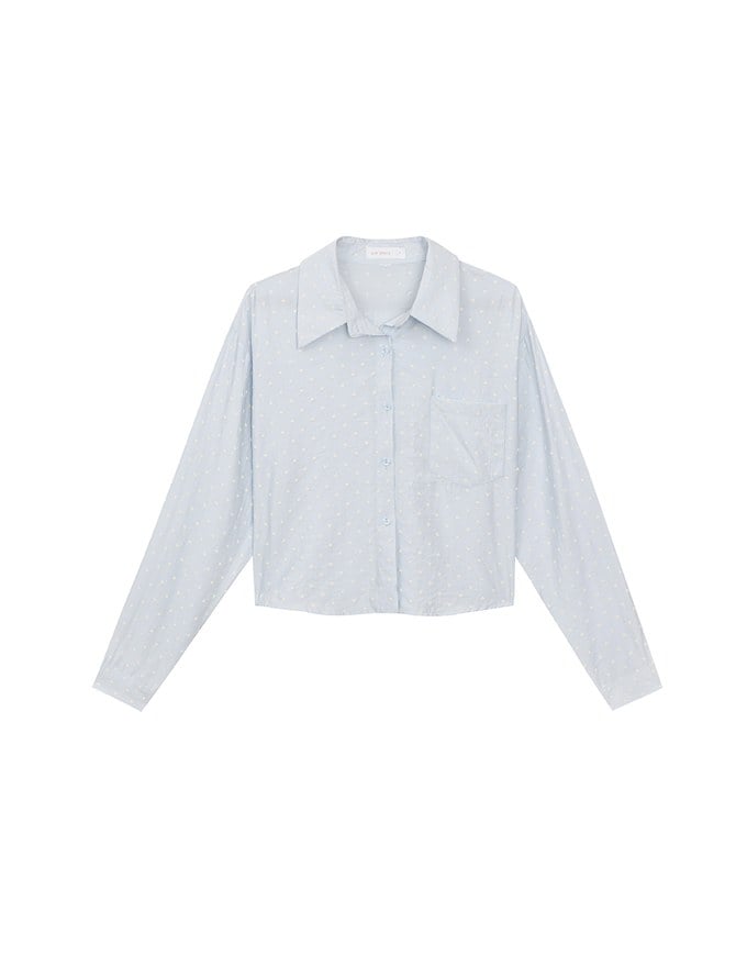 Heart Patterned Dot Button Up Blouse with Relaxed Collar Design