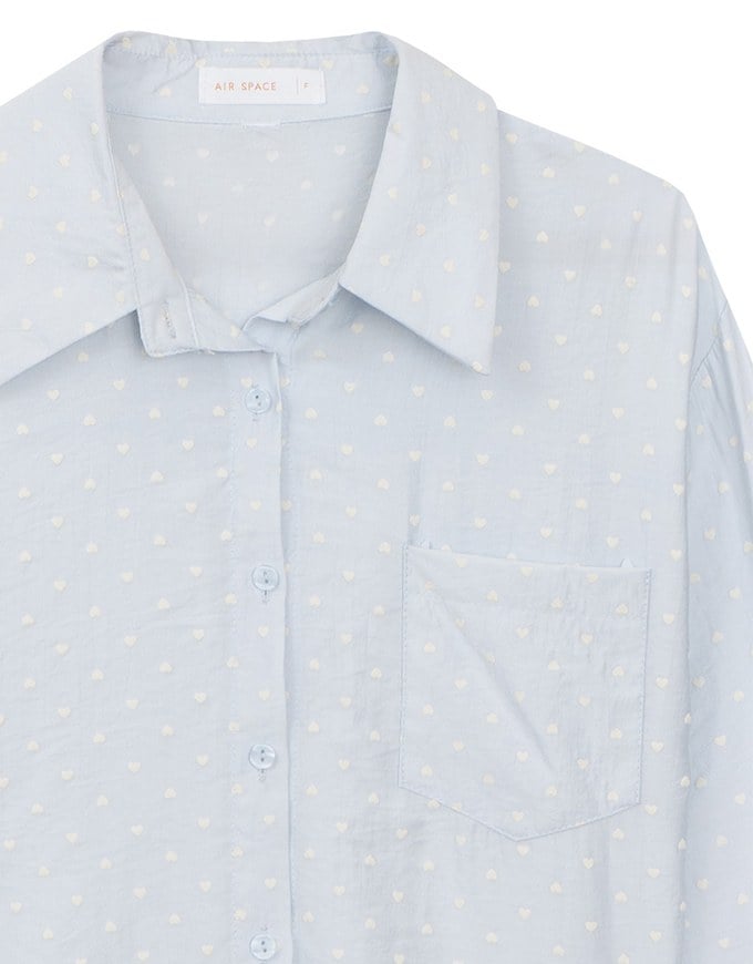 Heart Patterned Dot Button Up Blouse with Relaxed Collar Design