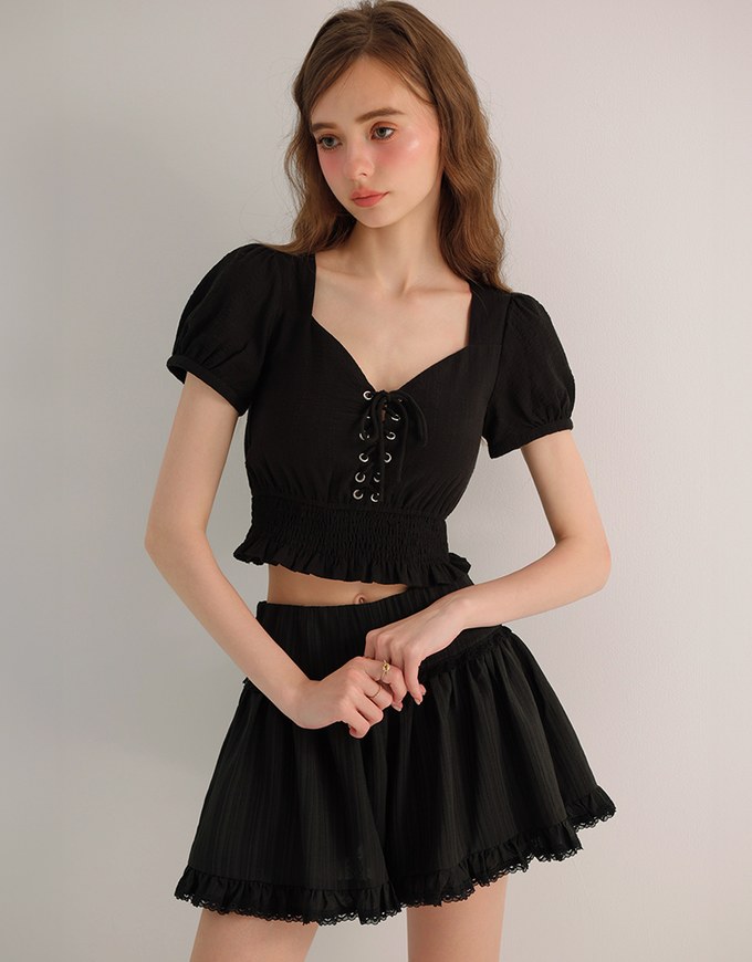 Puff Sleeve Smocked Hem Crop Top with Lace Up Front Detail