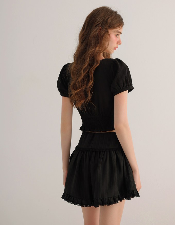 Puff Sleeve Smocked Hem Crop Top with Lace Up Front Detail