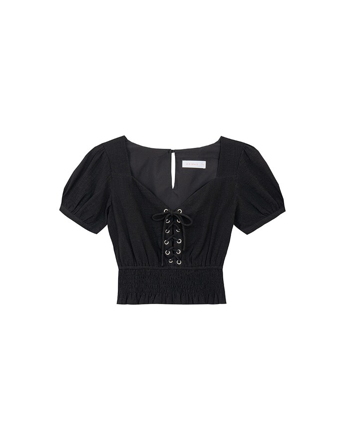Puff Sleeve Smocked Hem Crop Top with Lace Up Front Detail
