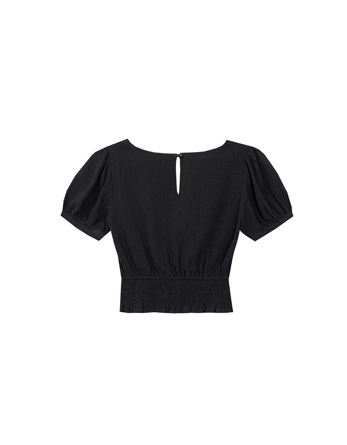 Puff Sleeve Smocked Hem Crop Top with Lace Up Front Detail