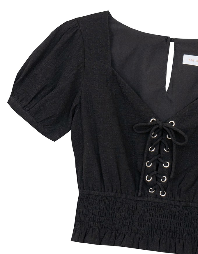 Puff Sleeve Smocked Hem Crop Top with Lace Up Front Detail