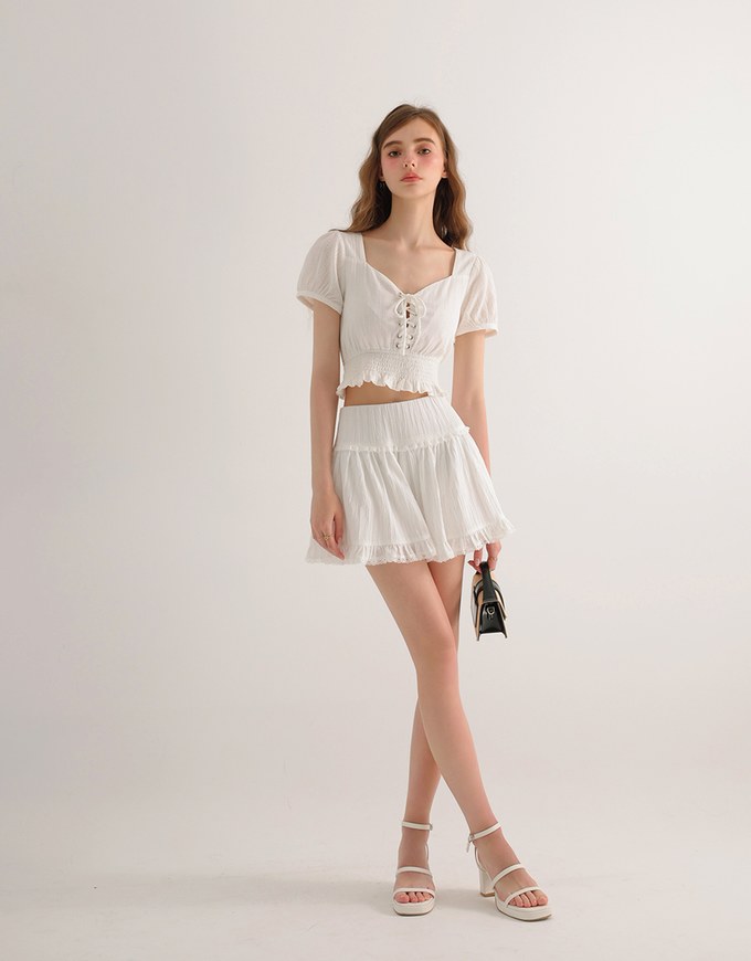 Puff Sleeve Smocked Hem Crop Top with Lace Up Front Detail