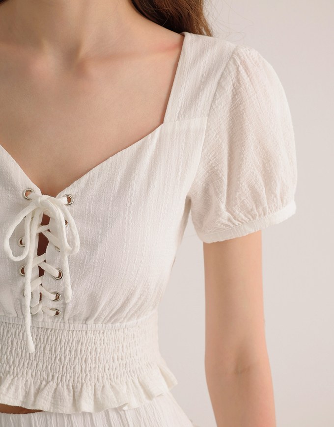 Puff Sleeve Smocked Hem Crop Top with Lace Up Front Detail