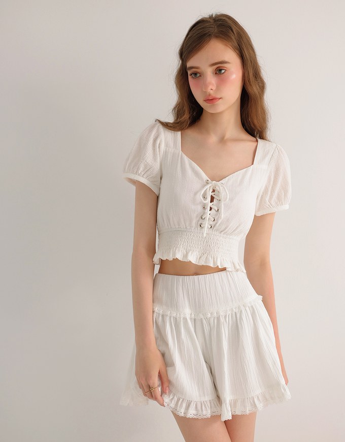 Puff Sleeve Smocked Hem Crop Top with Lace Up Front Detail