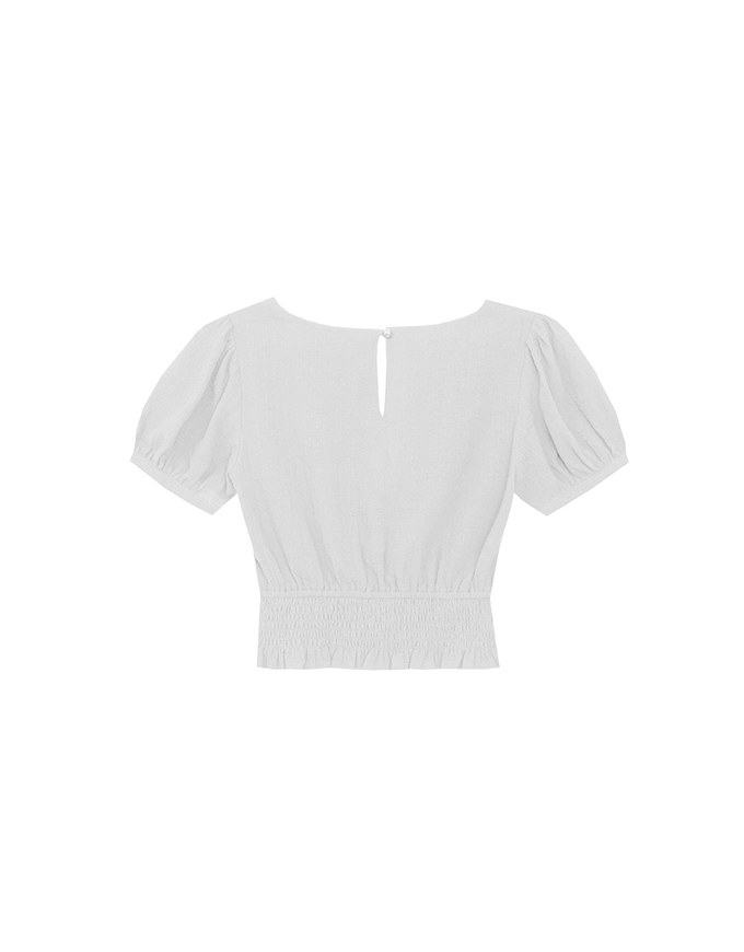 Puff Sleeve Smocked Hem Crop Top with Lace Up Front Detail