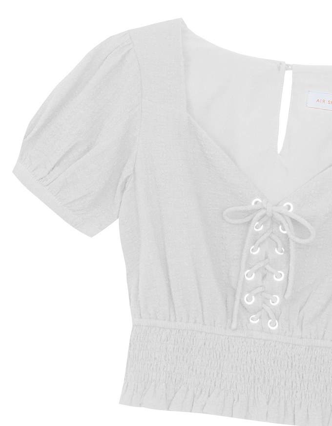Puff Sleeve Smocked Hem Crop Top with Lace Up Front Detail