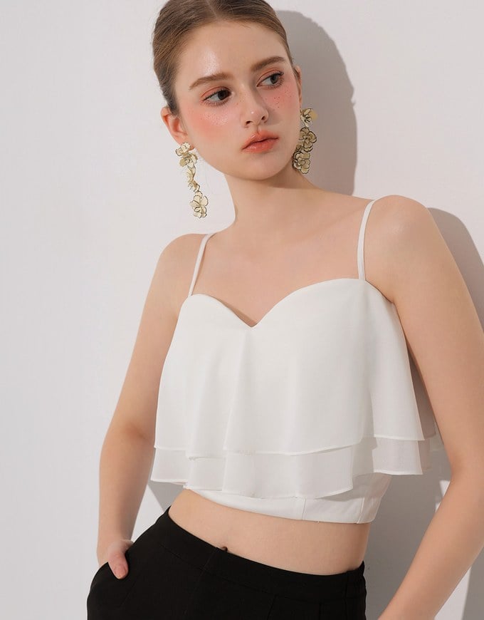Double Ruffled Layered Chiffon Padded Camisole Top with Adjustable Straps