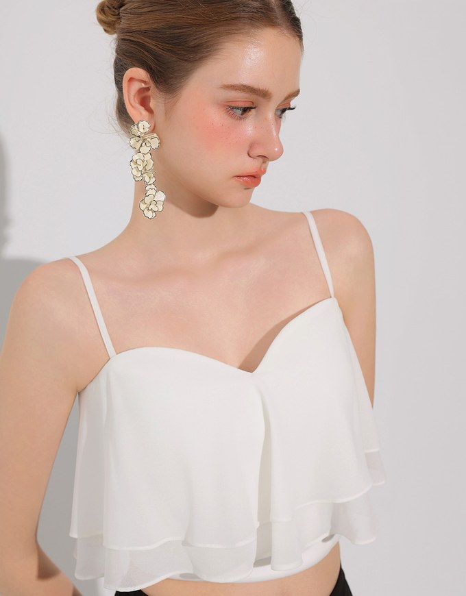 Double Ruffled Layered Chiffon Padded Camisole Top with Adjustable Straps