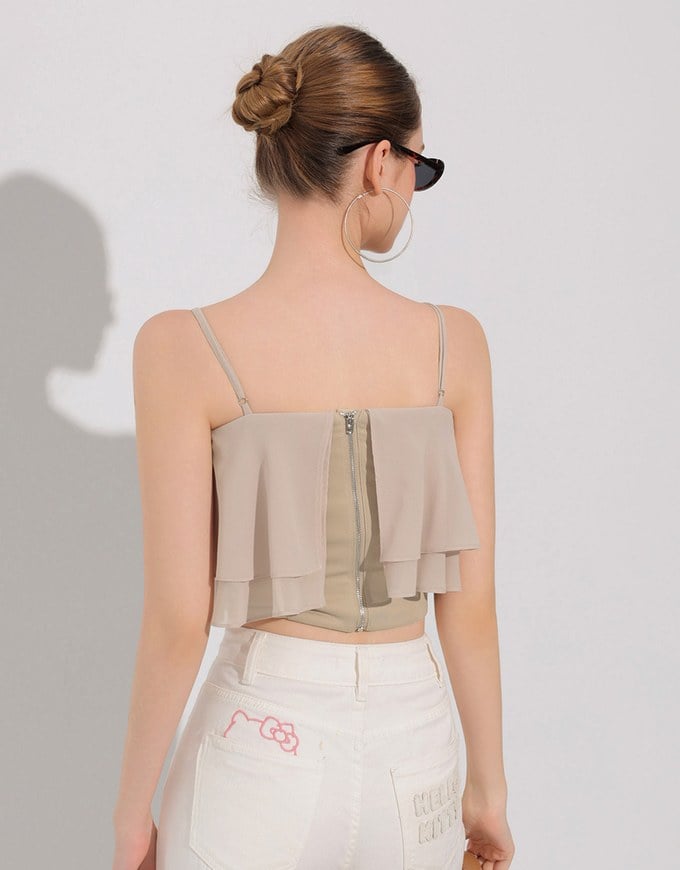 Double Ruffled Layered Chiffon Padded Camisole Top with Adjustable Straps