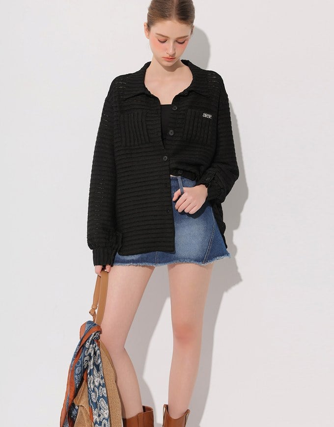 Wavy Textured Oversized Sheer Shirt with AIR SPACE Logo Embroidered