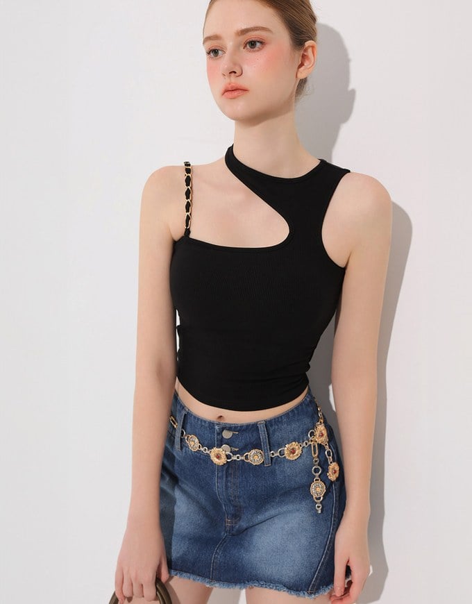 Asymmetric Cut Out Knit Padded Tank Top with Chain Strap