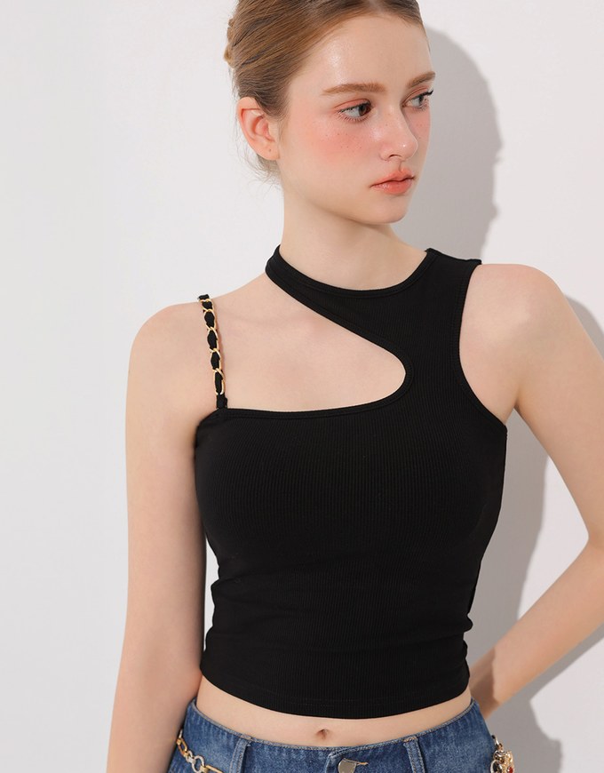 Asymmetric Cut Out Knit Padded Tank Top with Chain Strap