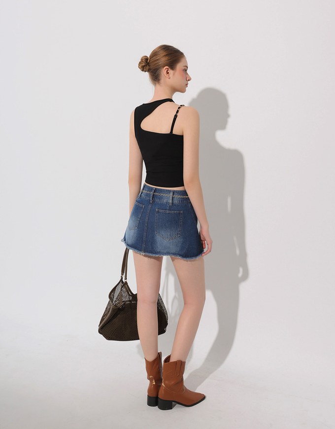 Asymmetric Cut Out Knit Padded Tank Top with Chain Strap