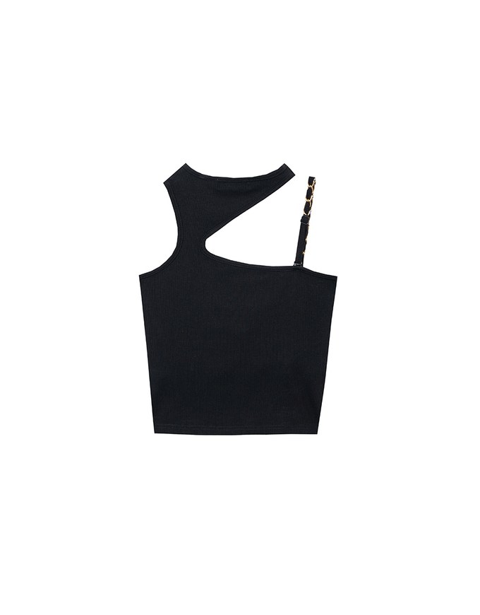 Asymmetric Cut Out Knit Padded Tank Top with Chain Strap