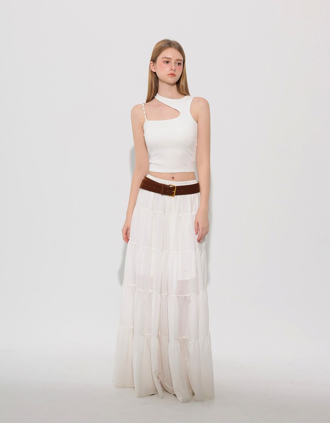 Asymmetric Cut Out Knit Padded Tank Top with Chain Strap