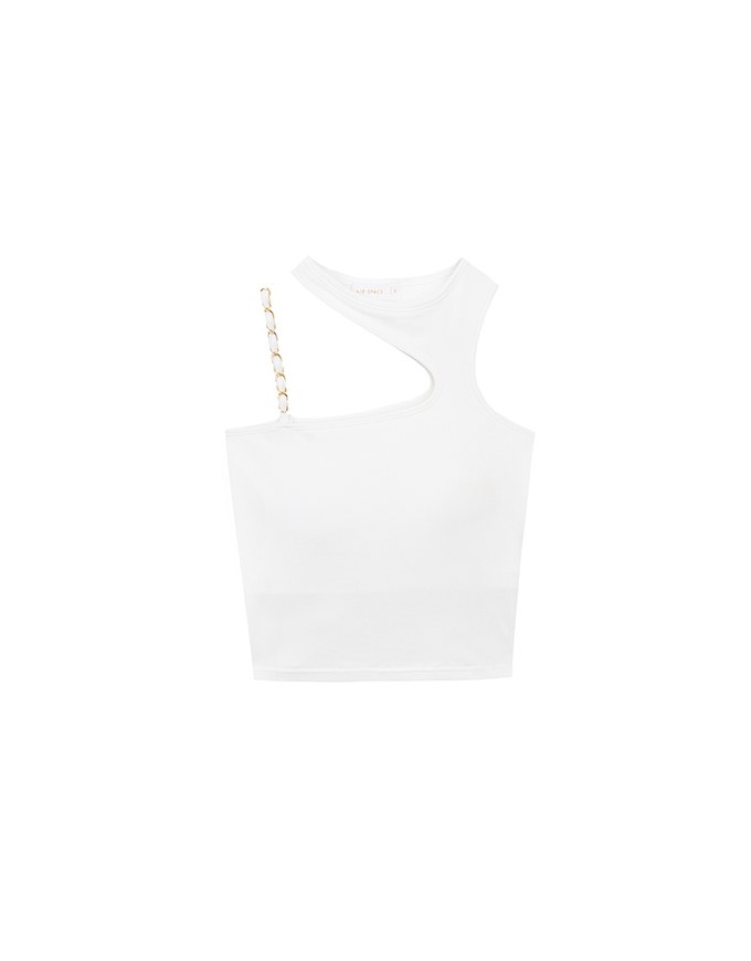 Asymmetric Cut Out Knit Padded Tank Top with Chain Strap