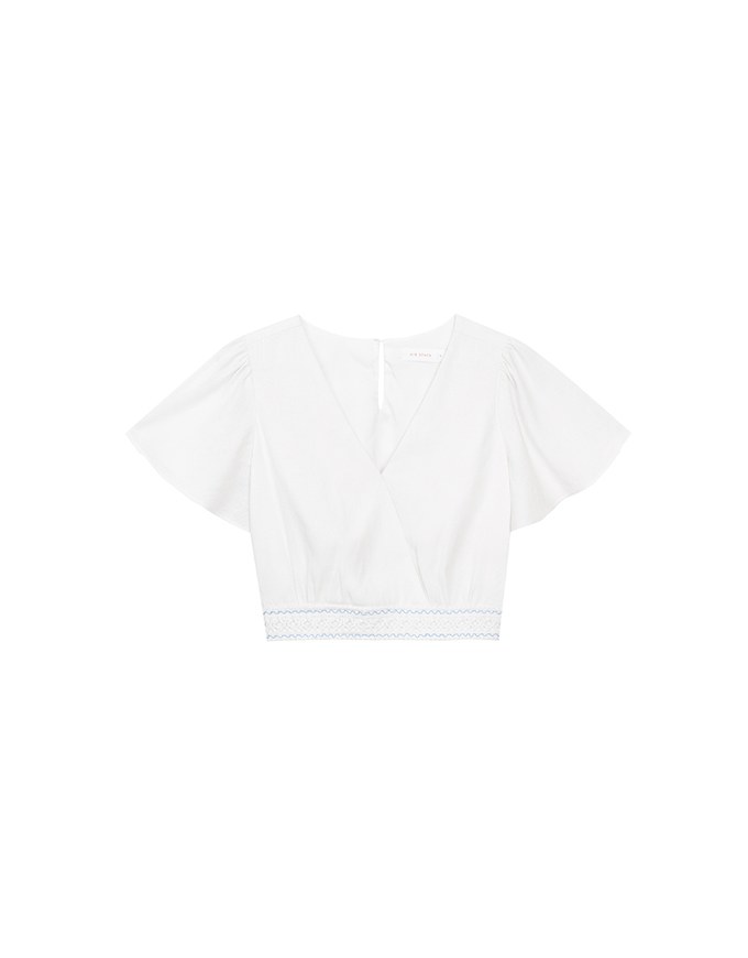 V Neck Cropped Flutter Sleeve Top with Embroidered Waist Detail