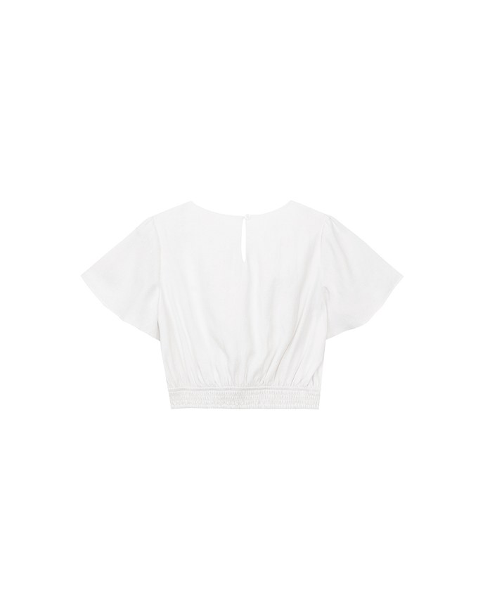V Neck Cropped Flutter Sleeve Top with Embroidered Waist Detail