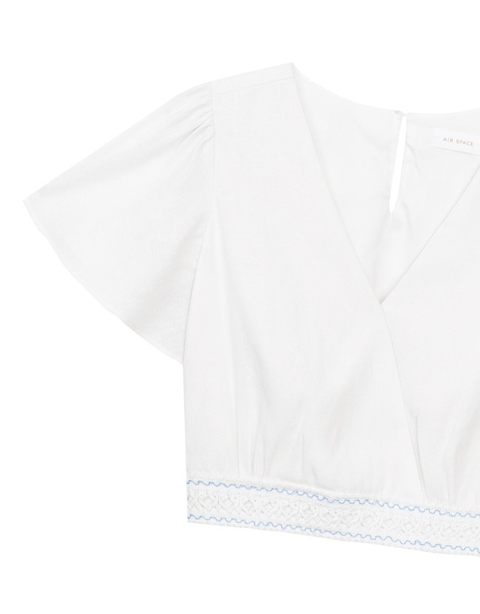 V Neck Cropped Flutter Sleeve Top with Embroidered Waist Detail