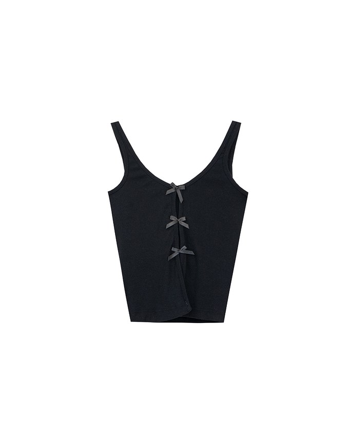 Square Neck Ribbed Tank Top with Back Bow Tie Detail