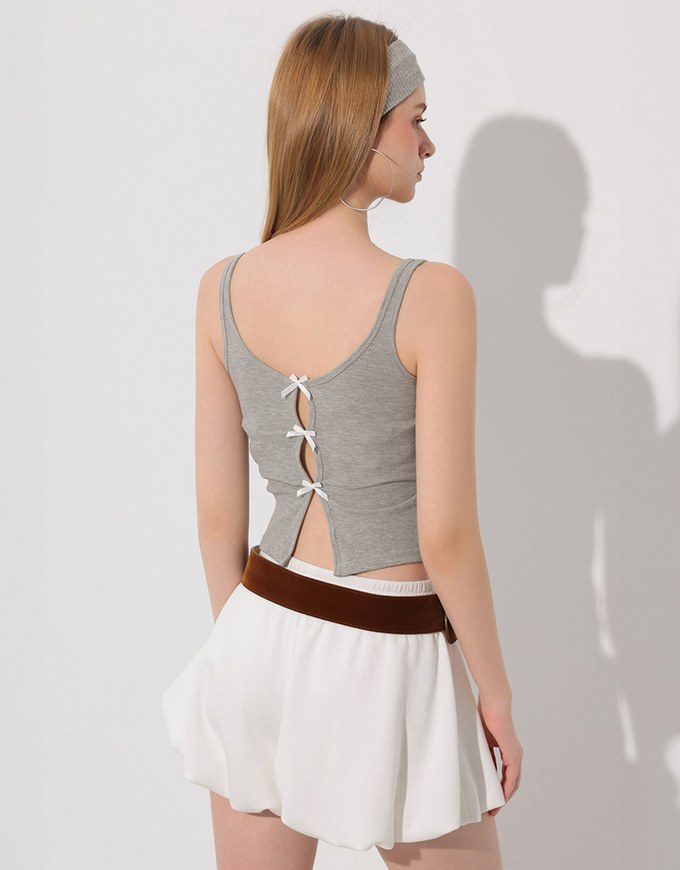 Square Neck Ribbed Tank Top with Back Bow Tie Detail