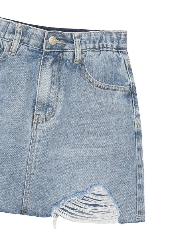 High Waist Distressed Jeans Denim Mini Skirt with Raw Hem