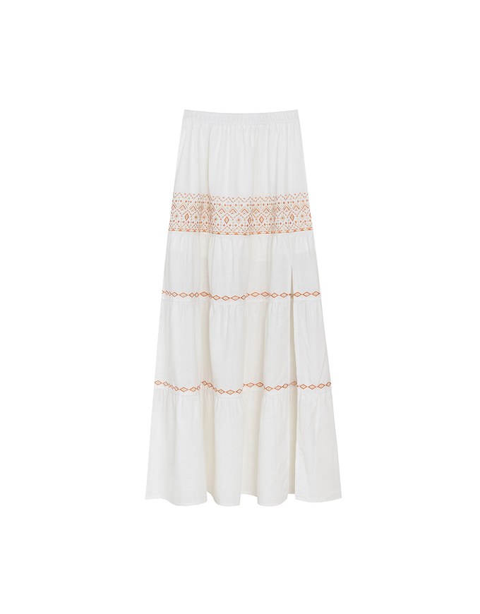 Boho Embroidered Tiered Maxi Skirt with Side Slit Detail