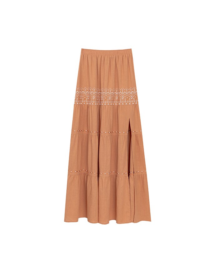 Boho Embroidered Tiered Maxi Skirt with Side Slit Detail