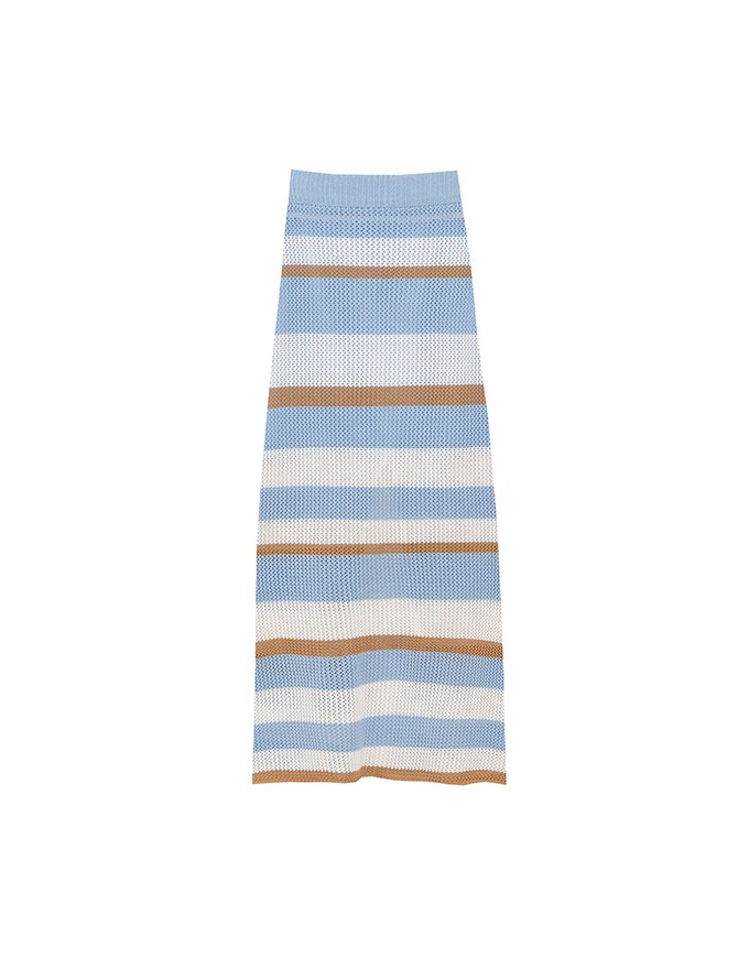 Multicolor Striped Knit Maxi Skirt with Back Slit Detail
