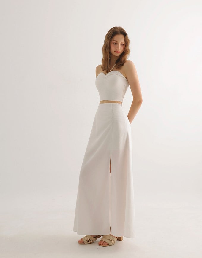 Side Ruched High Waist Maxi Skirt with Front Slit