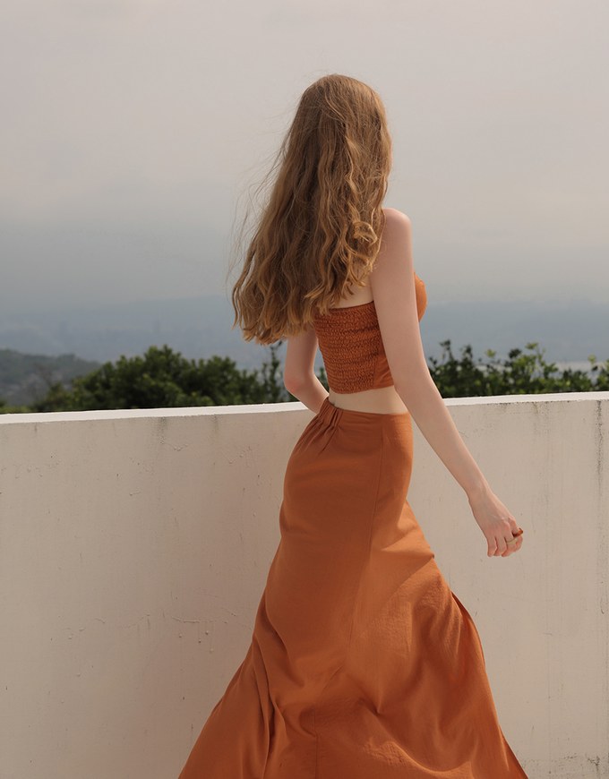 Side Ruched High Waist Maxi Skirt with Front Slit