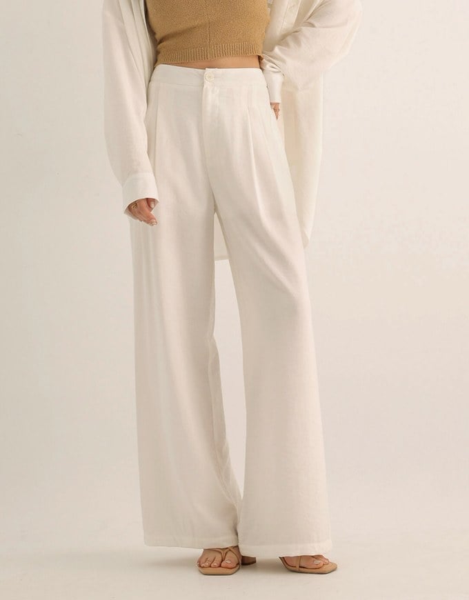 Cooling Fabric Lighweight High Waist Wide Leg Pants with Pleated Front Detail
