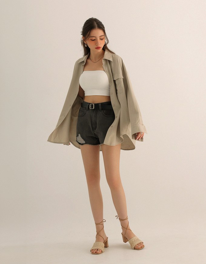 High Waist Distressed Frayed Hem Jeans Denim Shorts (with Belt)
